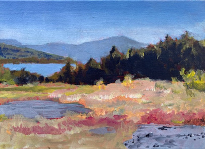 Plein air of blueberry barrens, tree line and lake